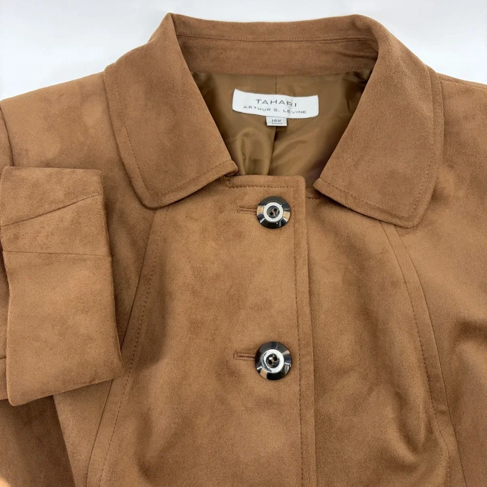 Tahari Arthur S Levine Faux Suede Jacket Camel Brown 14W Button Front 3/4 Sleeve